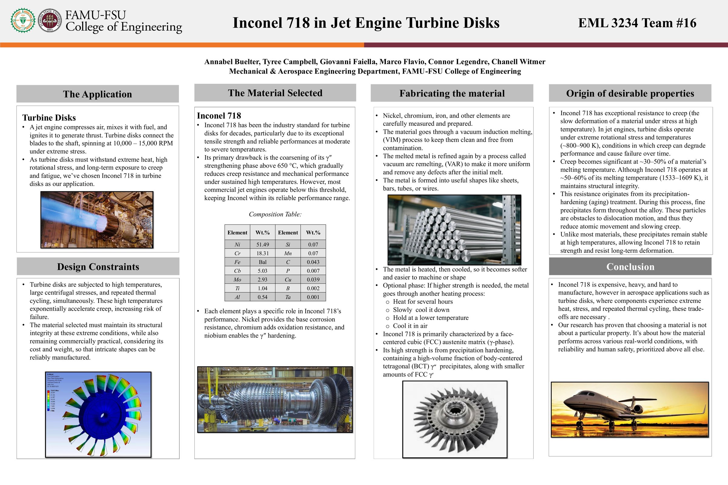 Research poster: Inconel 718 in Jet Engine Turbine Disks, EML 3234 Team 16