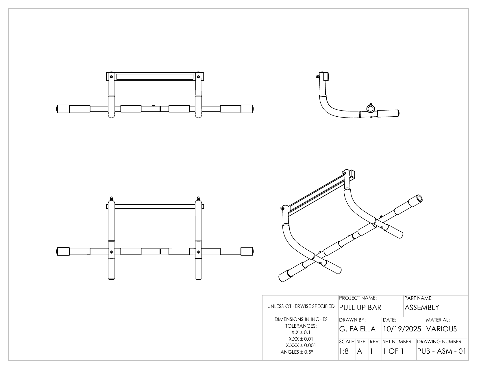 SOLIDWORKS assembly drawing of the pull-up bar in four views