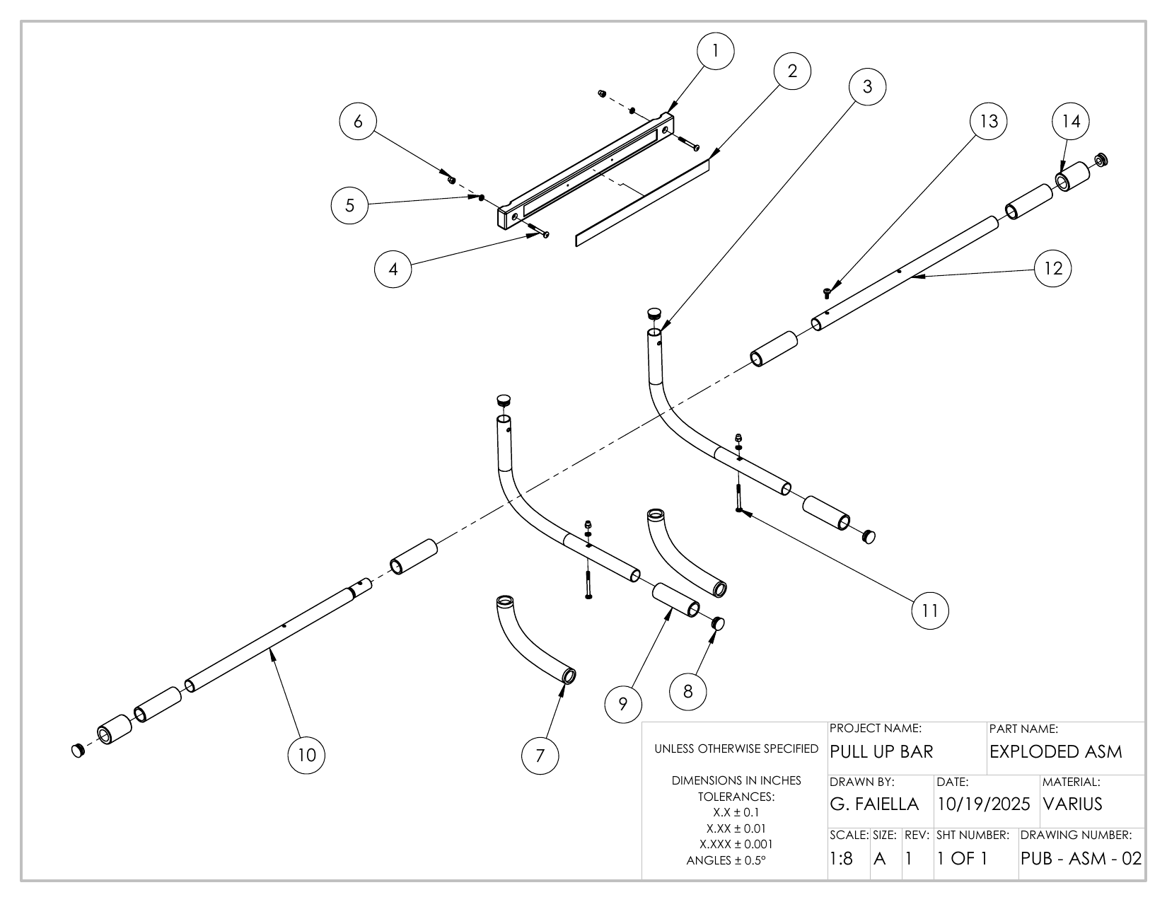 Exploded view drawing of the pull-up bar with numbered balloons