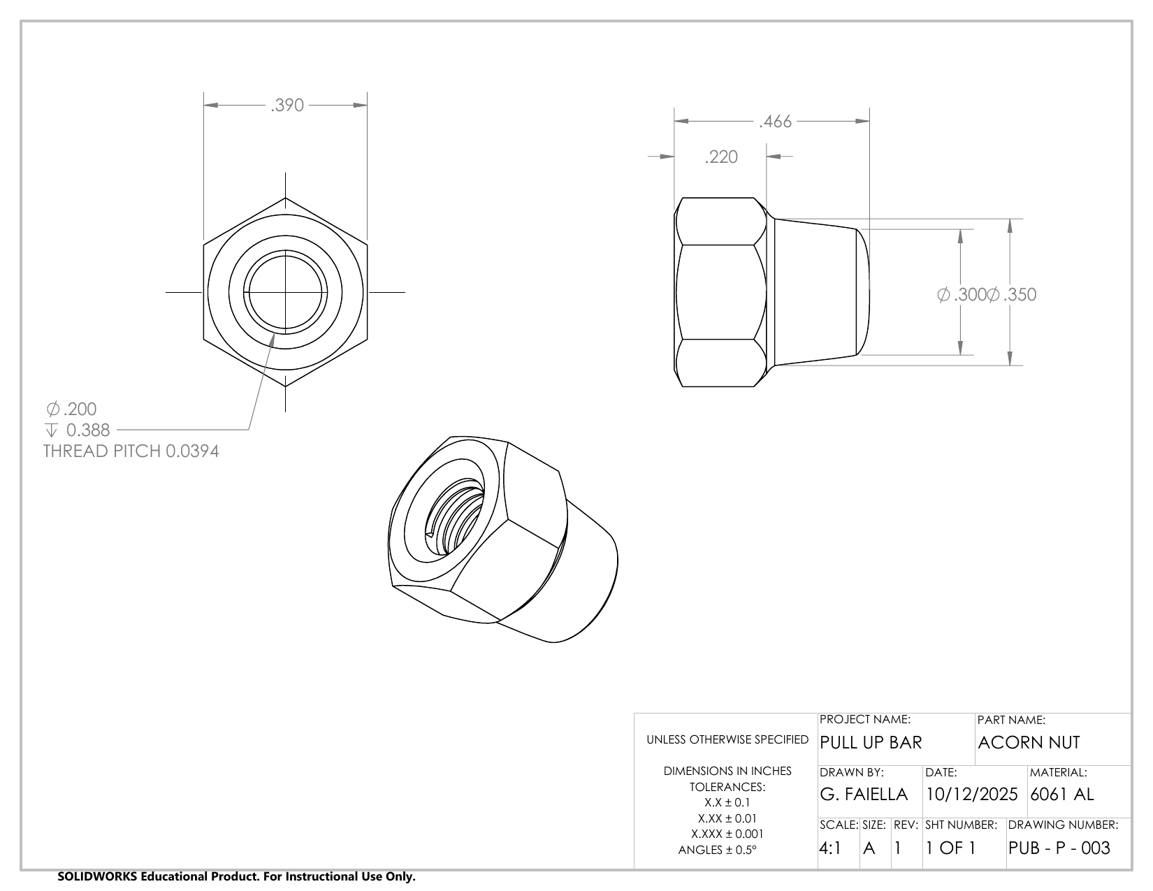 Acorn nut drawing with modeled threads